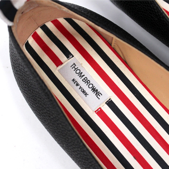 Thom Browne Apron Toe Black Striped Gold Bow Flats 36 Pebbled Leather Shoes - Picture 4 of 7